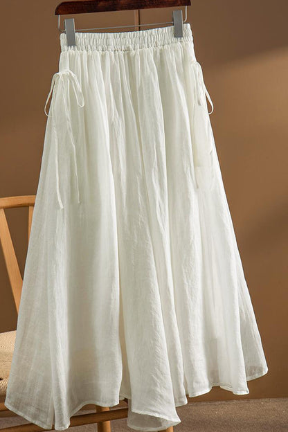 White Linen A-Line Skirt - High Waist Elastic Waistband 4362
