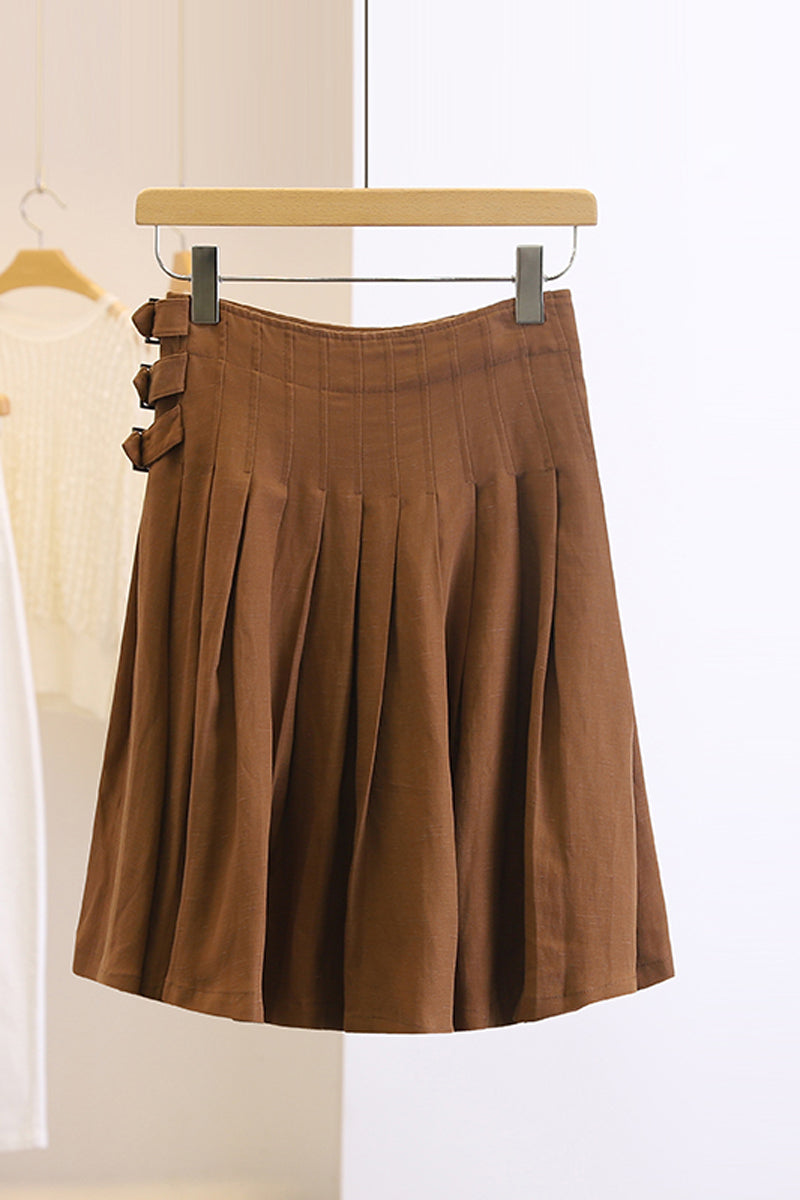 brown short linen skirt with ruffle details 4364