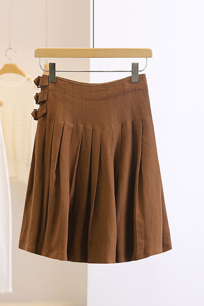 Brown Linen Skirt - Fitted Waist with Ruffle Detail 4364