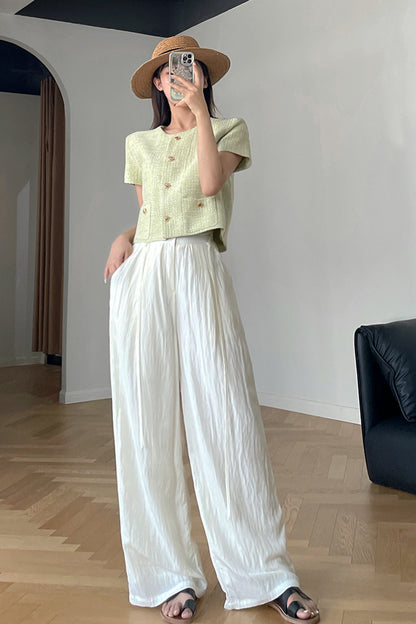 White Polyester Cotton Wide Leg Pants - Back Elastic Waist with Belt 4379