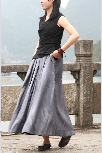 Burgundy Linen Maxi Skirt - Soft Flowy with Pockets 4369
