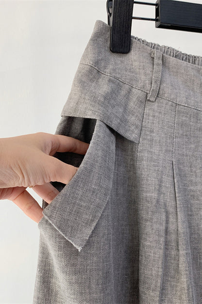 Gray Linen Midi Skirt - Elegant Back Elastic Waist with Pockets 4359