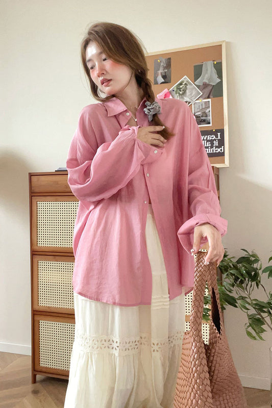 Loose casual raspberry powder long sleeved shirt 4373