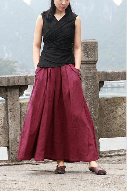 Burgundy Linen Maxi Skirt - Soft Flowy with Pockets 4369