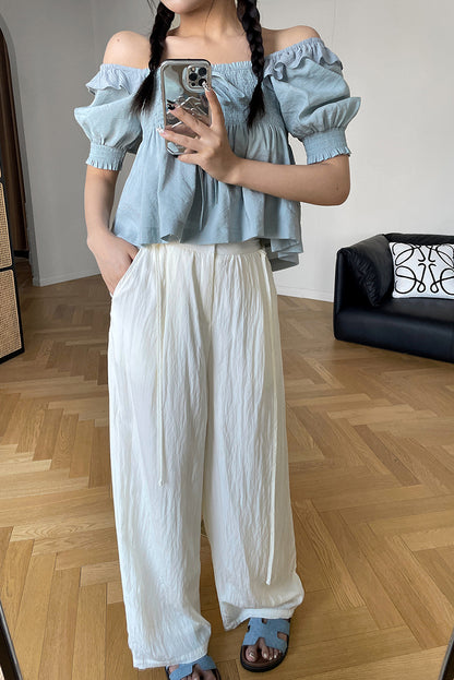 White Polyester Cotton Wide Leg Pants - Back Elastic Waist with Belt 4379