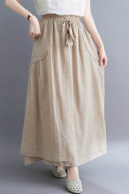 Light Blue Linen Maxi Skirt - Drawstring Waist with Pockets 4343