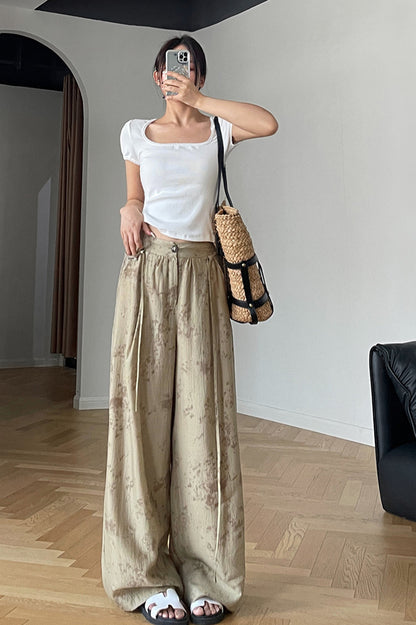 White Polyester Cotton Wide Leg Pants - Back Elastic Waist with Belt 4379