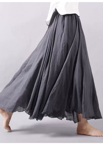 Purple Linen Maxi Skirt - Pleated Swing, Elastic Waist 4327