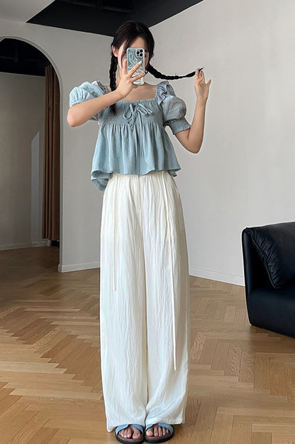 White Polyester Cotton Wide Leg Pants - Back Elastic Waist with Belt 4379
