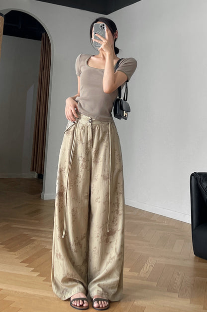 White Polyester Cotton Wide Leg Pants - Back Elastic Waist with Belt 4379