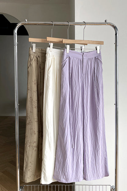 White Polyester Cotton Wide Leg Pants - Back Elastic Waist with Belt 4379