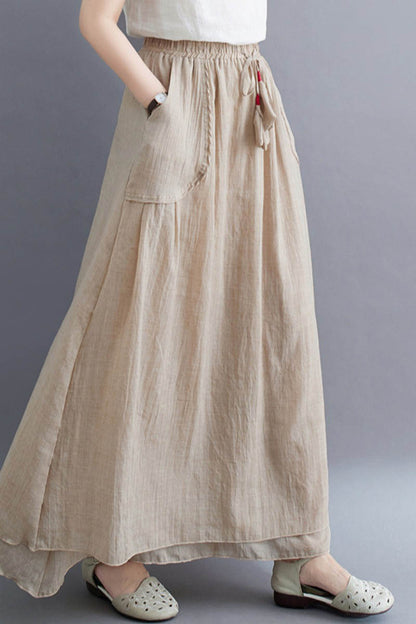 Light Blue Linen Maxi Skirt - Drawstring Waist with Pockets 4343