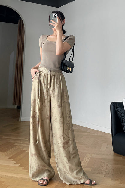 White Polyester Cotton Wide Leg Pants - Back Elastic Waist with Belt 4379