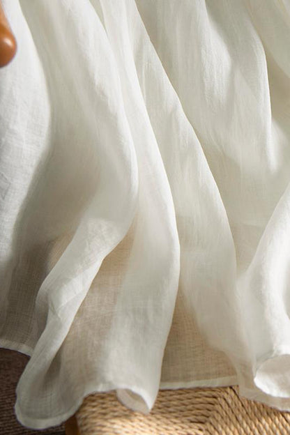 White Linen A-Line Skirt - High Waist Elastic Waistband 4362