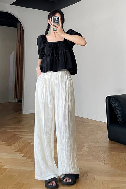 White Polyester Cotton Wide Leg Pants - Back Elastic Waist with Belt 4379