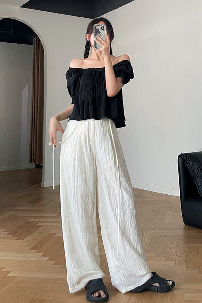 White Polyester Cotton Wide Leg Pants - Back Elastic Waist with Belt 4379
