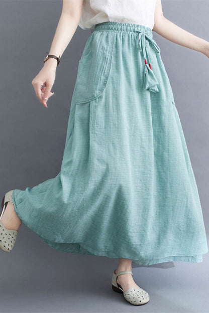 Light Blue Linen Maxi Skirt - Drawstring Waist with Pockets 4343