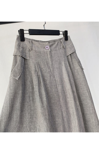 Gray Linen Midi Skirt - Elegant Back Elastic Waist with Pockets 4359