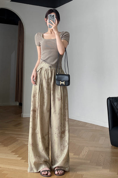 White Polyester Cotton Wide Leg Pants - Back Elastic Waist with Belt 4379