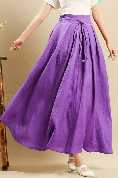 Navy Linen Maxi Skirt - Elastic Waist A-Line with Pockets 4357