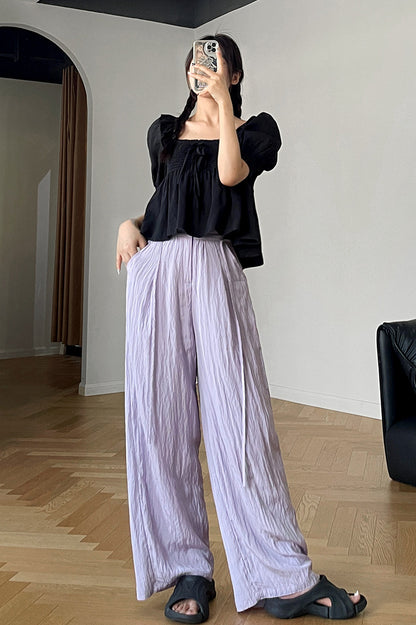 White Polyester Cotton Wide Leg Pants - Back Elastic Waist with Belt 4379