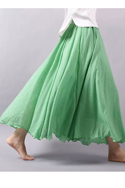 Purple Linen Maxi Skirt - Pleated Swing, Elastic Waist 4327