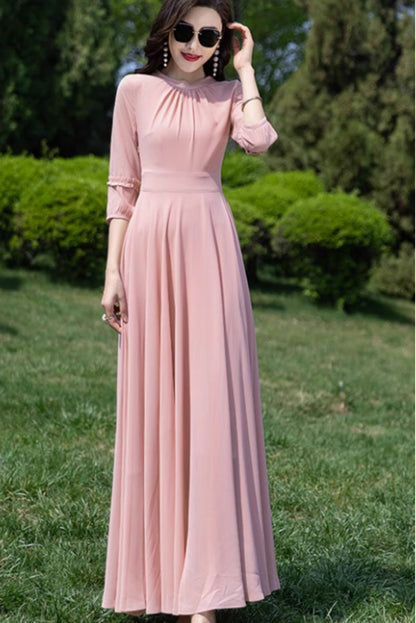 Pink Chiffon Maxi Dress - Fit and Flare with Ruffle Sleeves 4458