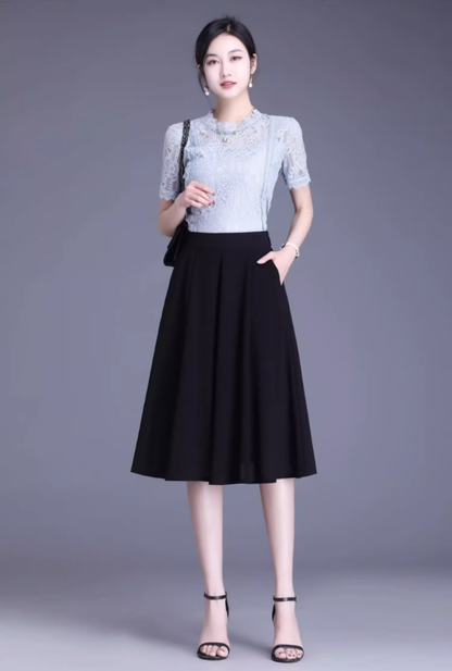 Emerald Green Chiffon Knee Length Skirt - Circle Swing with Pockets 4469