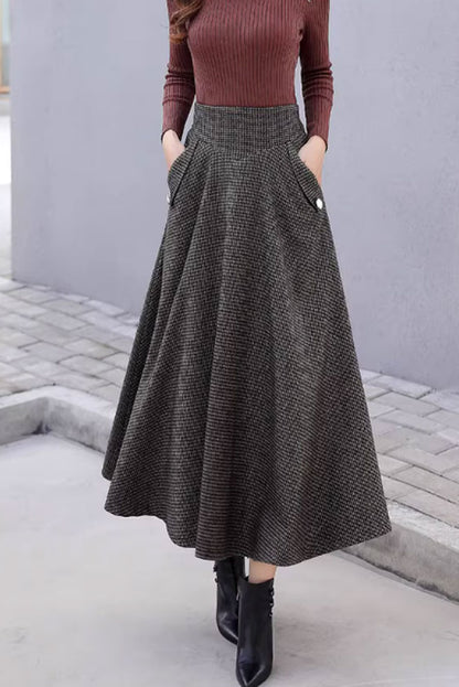 Black Gray Wool Midi Skirt - Striped A-Line with Pockets 4645-1