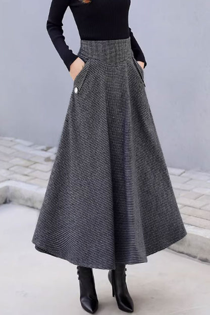 Black & Gray Wool Midi Skirt - A-Line Silhouette with Pockets 4645