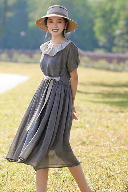Gray Linen Midi Dress - Ruffle Neckline & Elastic Waist 4323