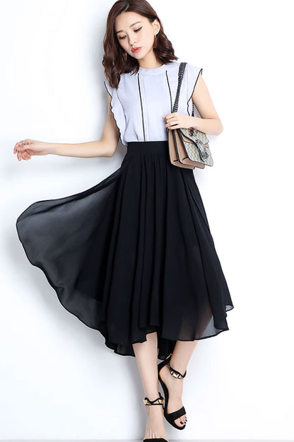 Black Chiffon Skirt - Irregular Hemline with Back Elastic Waist 4471