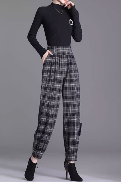 Black and White Plaid Wool Pants - Loose Fit with Back Elastic Waist 4656