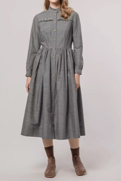 Gray Cotton Blend Fit and Flare Midi Dress - Ruffle Stand Collar 4876