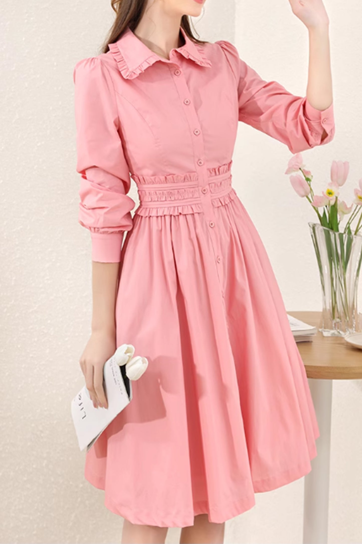 Spring pink shirt dress with ruffle details 4888