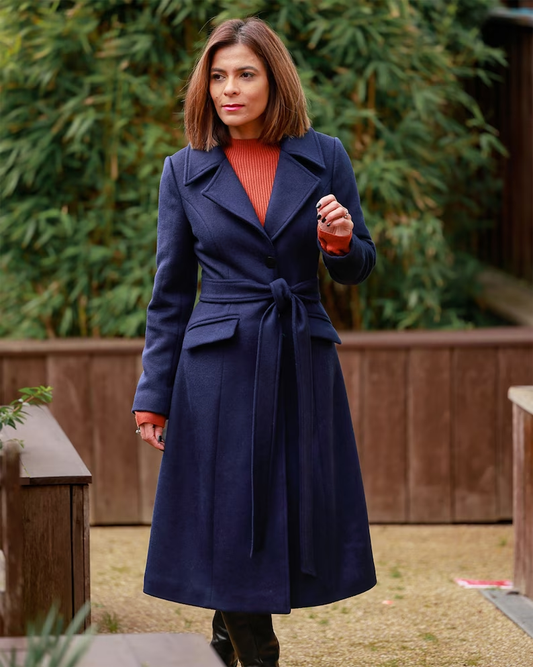 Belted navy blue warm long wool coat 4144