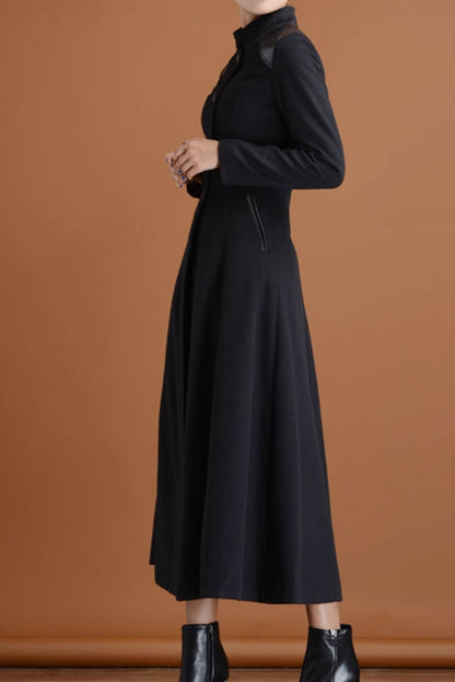 Black Wool Long Coat - Patchwork Detail, Flared Silhouette 4717