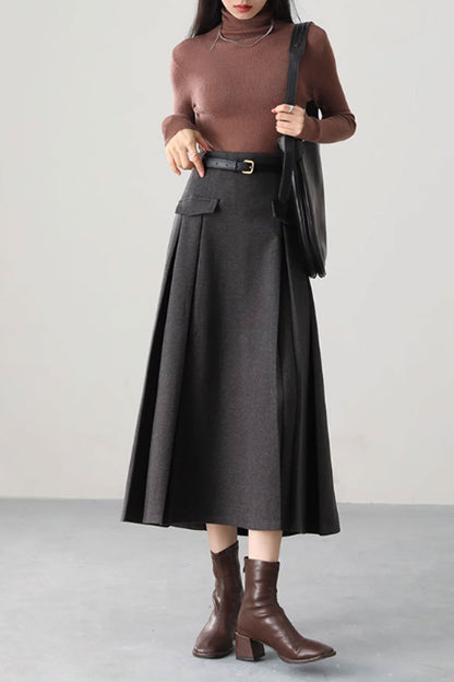 Brown Wool Blend Midi Skirt - A-Line Sophistication 4758