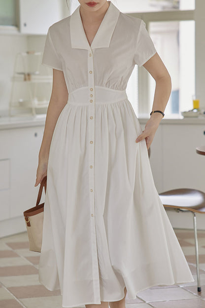 White Cotton Shirt Dress - Fitted Waist, Short Sleeve Summer Dress 4312