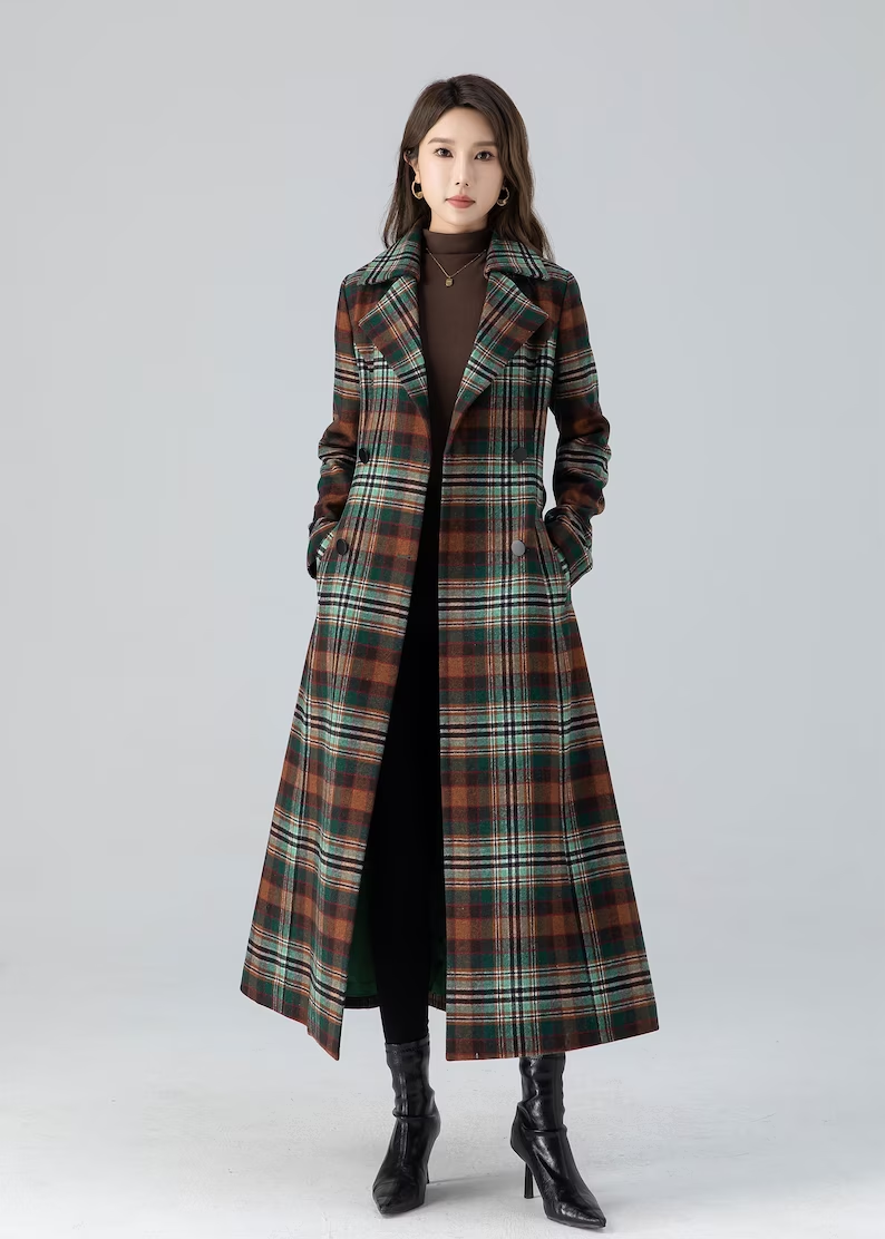 Double breasted winter plaid long wool coat women 4785