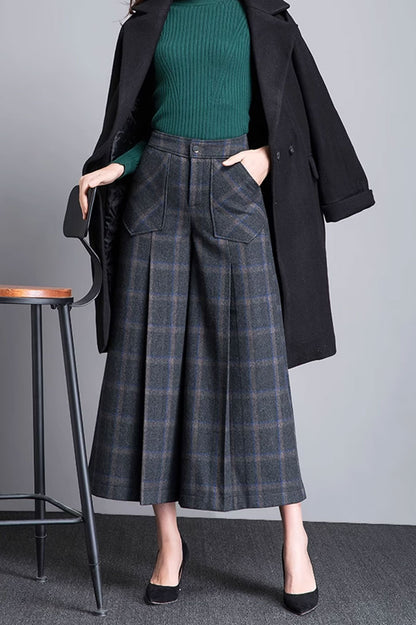 Plaid Wool Wide Leg Pants - Loose Fit, Midi Length 4659-2