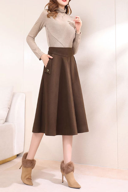 Brown Wool A-Line Midi Skirt - Warm with Pockets 4751