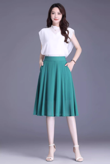 Emerald Green Chiffon Knee Length Skirt - Circle Swing with Pockets 4469