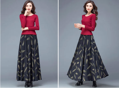 Navy Wool Blend Fit and Flare Maxi Skirt - Feather Print A-Line 4771