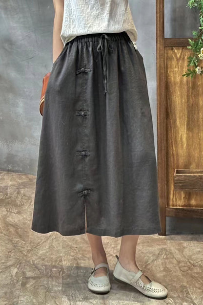 Linen Drawstring Waist Midi Skirt - Pockets Button Detail | Xiaolizi 4305