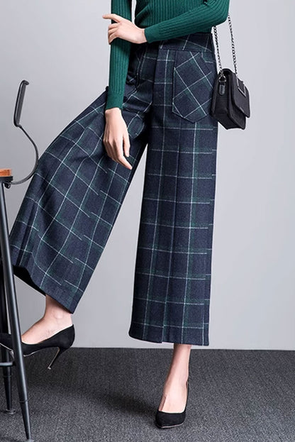 Plaid Wool Wide Leg Pants - Midi Length, Loose Fit 4659-1