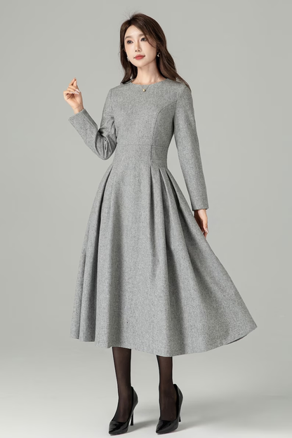 Handmade Gray Wool Blend Midi Dress – Vintage Pleated Fit & Flare Long Sleeve 4495