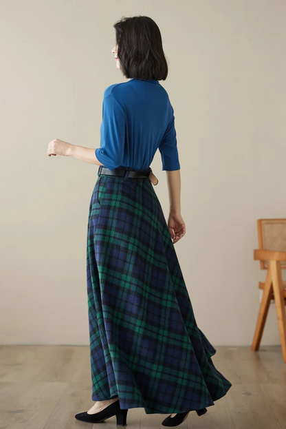 Navy & Green Plaid Wool Maxi Skirt – Vintage High Waist Ankle Length Winter Skirt 4619