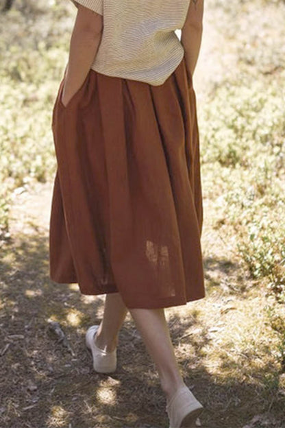 Blue Linen Midi Skirt - Button Front with Pockets 4353