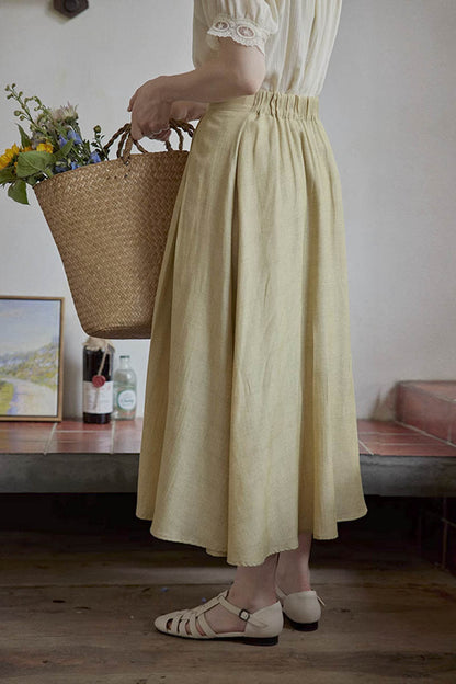 Beige Linen Midi Skirt - High Waist Pleated A-Line 4356